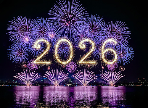 無料でおしゃれな年賀状デザイン：[横]夜空を彩る2026の花火｜がりどろ年賀状2026