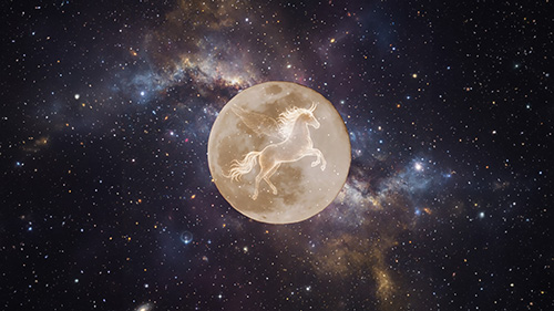 無料でおしゃれな年賀状デザイン：[横]月に浮かぶ午年をイメージしたユニコーン｜がりどろ年賀状2026