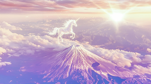 無料でおしゃれな年賀状デザイン：[横]初日の出の富士山と午年をイメージしたユニコーン｜がりどろ年賀状2026