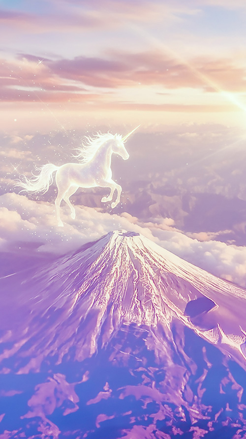 無料でおしゃれな年賀状デザイン：[縦]初日の出の富士山と午年をイメージしたユニコーン｜がりどろ年賀状2026