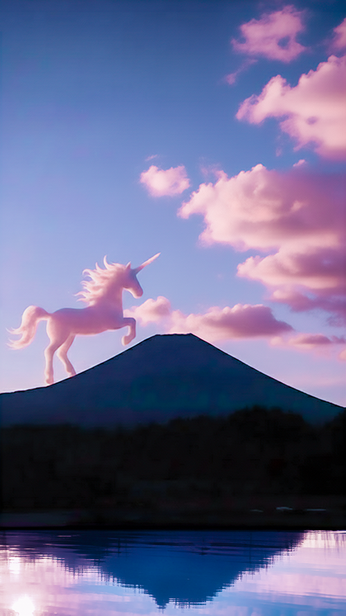 無料でおしゃれな年賀状デザイン：[縦]富士山を駆けるユニコーン型の雲（午年）彩度低め版｜がりどろ年賀状2026