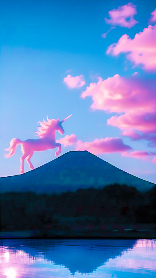 無料でおしゃれな年賀状デザイン：[縦]富士山を駆けるユニコーン型の雲（午年）彩度高め版｜がりどろ年賀状2026